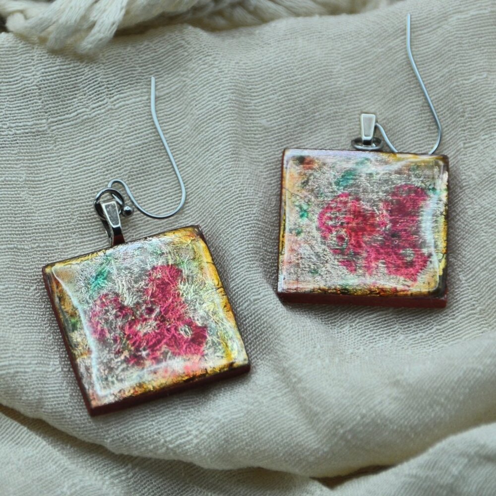 Handcrafted artsy earrings, Wood & resin, Metallic shimmer, Stainless ear hooks